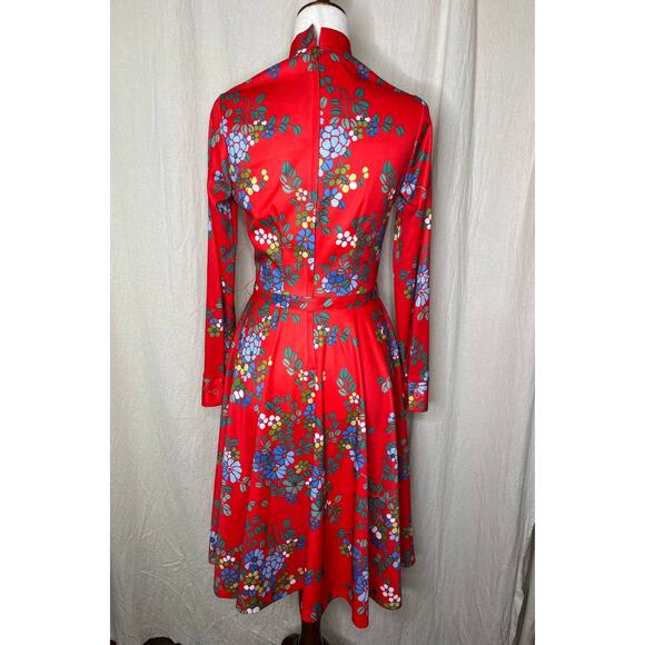 1960s Maximalist Red Blue Floral Psychedelic Disco Brady Bunch Bowtie Dress M - Picture 8 of 8